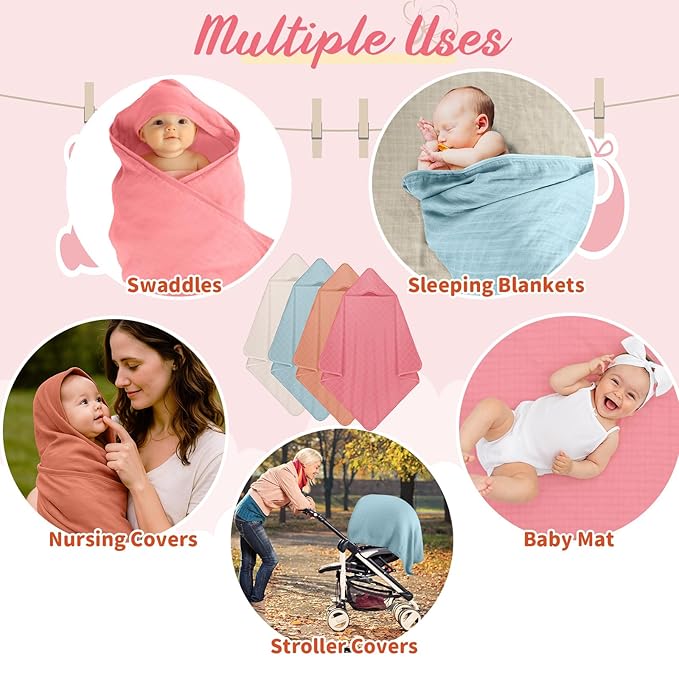 Preboun 4 Pcs Muslin Hooded Baby Towels,32"x 32" Cotton Newborn Bath Towel Muslin Infant Baby Blankets Absorbent Unisex Newborn Registry Gift for Girls Boys(Light Pink Series)