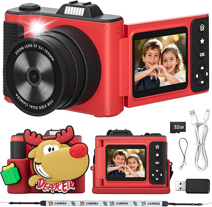 Kids Camera, Christmas Birthday Gifts for Boys Girls Age 3-12,Upgrade HD Flip Digital Video Cameras for Kids, Portable Toys for 3 4 5 6 7 8 9 10 Year Old Childrens with 32GB SD Card-Red