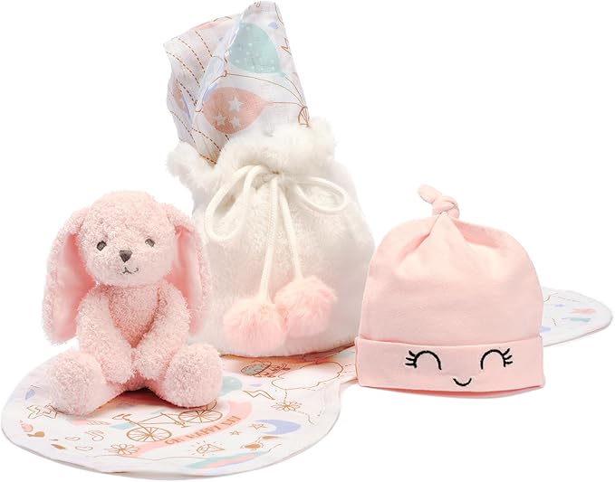 Lambs & Ivy 5 Piece Pink/White Bunny Infant/Newborn Baby Gift Set w/Swaddle