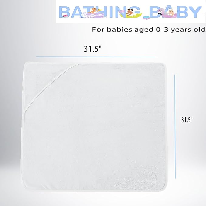 Baby Hooded Bath Towel 31.5"x31.5" Ultra Absorbent Soft Coral Fleece, for Newborn Infant Toddler Up to 3 Years, Unisex Bathrobe Blanket for Boys & Girls 2PCS(Snow-White)