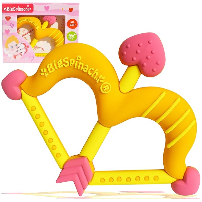 Teethers Heart Shape Silicone Baby Teether Toy Easy for Little Hands to Hold,Cupid Bow and Arrow Soft Teething Toy for Infants,Valentine's Gift for Girl or Boy (Yellow)