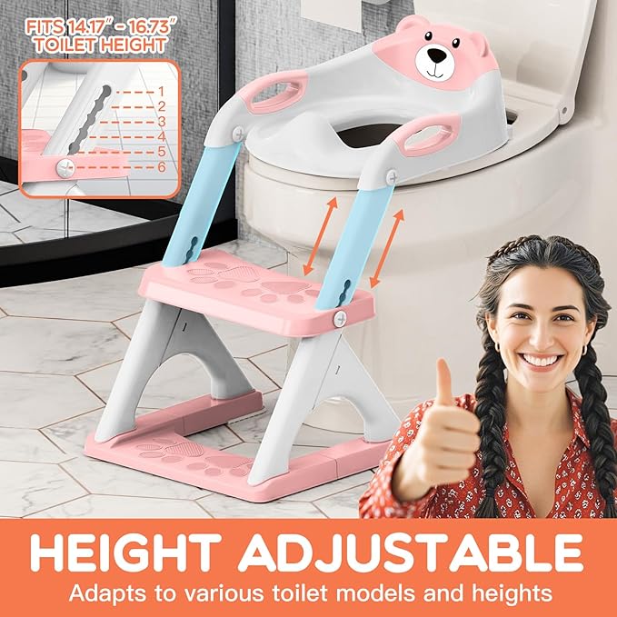 SKYROKU Potty Training Seat for Toddlers – 2-in-1 Adjustable potty ladder with Step Stool, Anti-Slip Cushion, Splash Guard & Extra-Wide Pedals, Supports 200+ lbs, Ideal for Boys & Girls (8899-Pink)