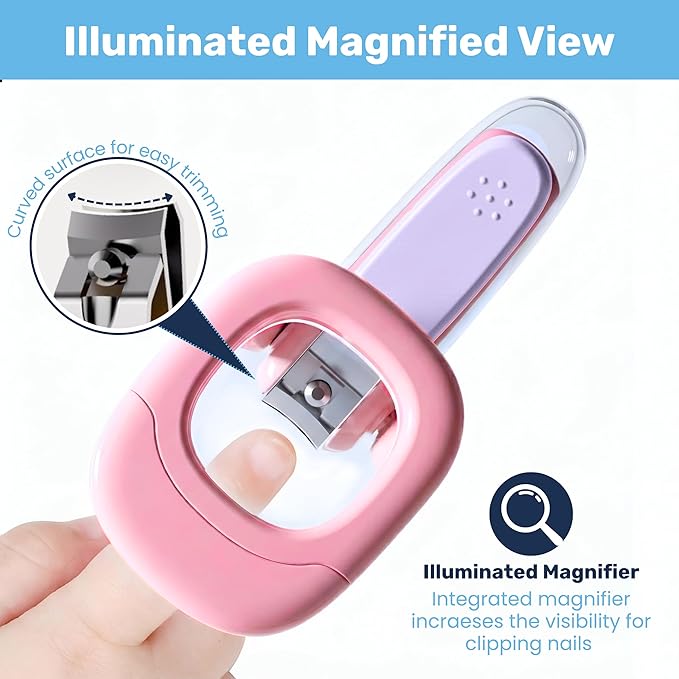Baby Nail Clipper & File with LED Light, Fingernail Cutter with Catcher for Newborn, Infants & Toddlers- Magnifier for Ultra Visibility, Baby Essentials Nail Trimmer (Pink)