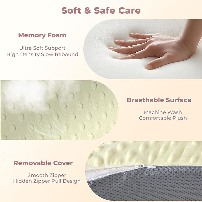Tummy Time Support Pillow with Plush Cover for Baby Gas, Colic Relief & Burp, Nursing Reflux Prop for Feeding, Neck, Shoulder and Body, Tummy Time Mat for Newborns and Infant 0-12 Months - Beige