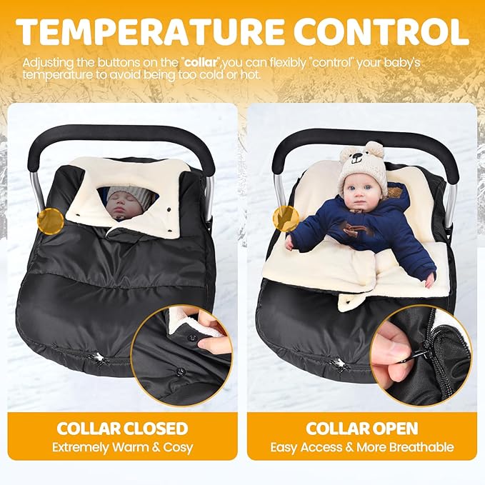 Orzbow Winter Car Seat Cover Baby | Infant Car Seat Cover | Waterproof Carseat Canopy for Boys Girls with Adjustable Collar, Warm and Cozy Fleece Carseat Blanket for Winter Baby Essentials, Black