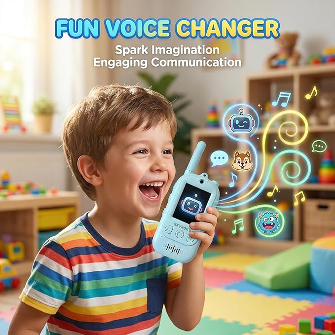 SKYROKU 2nd-Gen Video Walkie Talkies for Kids, 2000ft Long Range Rechargeable Walky Talkies, AI Virtual Costumes & Voice Changer, Outdoor Camping Toys Gift for Boys Girls Ages 3-12 (Blue&Blue)
