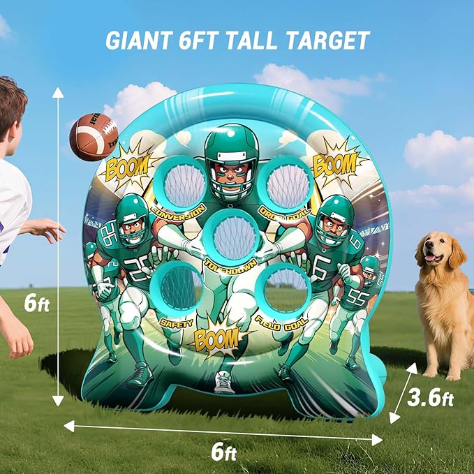 6Ft Inflatable Football Target Toss Game - Giant Outdoor Carnival Party Games for Backyard & Tailgate - Arcade Sports Toy with Electric Pump - 4 Easy-Grip Balls Gifts for Boys 3 4 5 6 7 8-12 Year Old