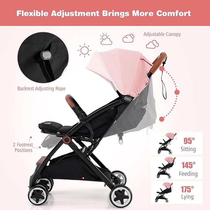 BABY JOY Lightweight Baby Stroller, Compact Toddler Travel Stroller for Airplane with 5-Point Harness, Adjustable Backrest/Footrest/Canopy, Storage Basket, Easy One-Hand Fold (Pink)