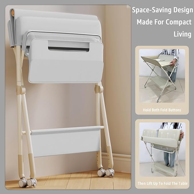 Changing Table, Portable Baby Changing Table with Wheels, Upgraded Foldable Diaper Changing Station with 5-Level Adjustable Height & Large Nursery Organizer Storage for Newborn Infant