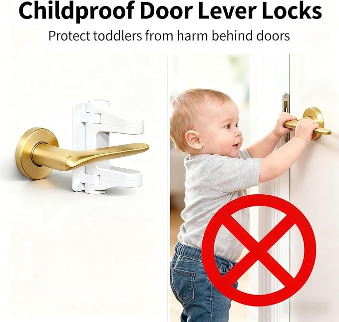 2-Pack Door Handle Baby Proof – Child Proof Door Lever Lock & Door Locks for Kids Safety, Stop Toddlers & Pets from Opening Doors – Easy One-Hand Use, No-Drill Adhesive – Fit Bath/Kitchen/Bedroom