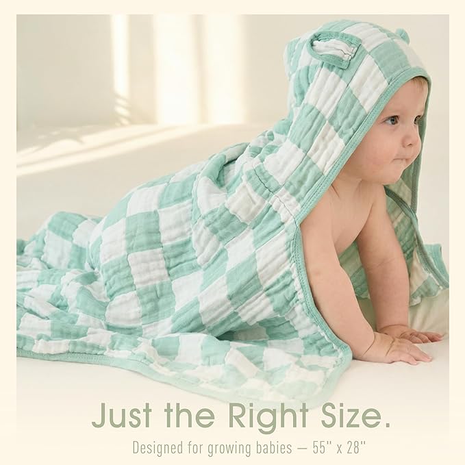 Ultra-Soft Muslin Toddler Hooded Towel - 55 x 28 Inches, Ideal for Bath & Beach, Suitable for Both Boys & Girls from Newborns to Toddlers Green Check