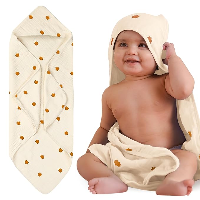 NINTARABABY Hands-Free Hooded Towel - 100% Organic Premium Muslin Cotton, 30" x 30", Ultra-Absorbent, Soft, Breathable, Hypoallergenic, Multipurpose, Gifts for Babies & Infants