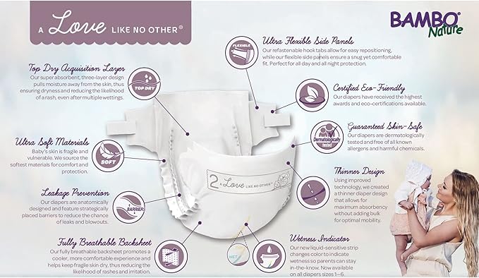 Bambo Nature Hypoallergenic Dream Baby Diapers, Premium Eco-Labeled Sustainable Diapers, Enhanced Leakage Protection, Totally Chlorine-free, Skin Friendly, and Super Absorbent - Size 5 (75 Count)