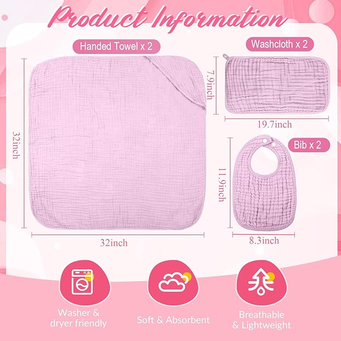 6 Pcs Muslin Hooded Bath Towels Washcloths and Bibs Set, Muslin Cotton Baby Towels Absorbent Hooded Blanket Towel Infant Bibs for Boys Girls Newborn Infant Essential(White, Pink)