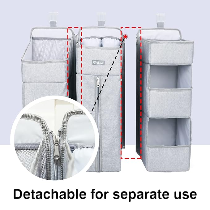 Orzbow 3-in-1 Hanging Diaper Organization Storage for Baby Essentials | Nursery Organizer and Baby Diaper Caddy | Hang on Crib, Changing Table or Wall, Light Gray