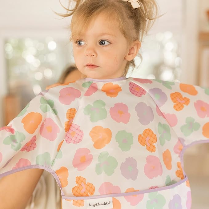 Tiny Twinkle Long Sleeve Bib for Babies & Toddlers | Waterproof Smock Bib for Eating | Machine Washable & Mess-Proof Feeding Essentials | Newborn Shower Gift (Floral Pop, 6–24M)