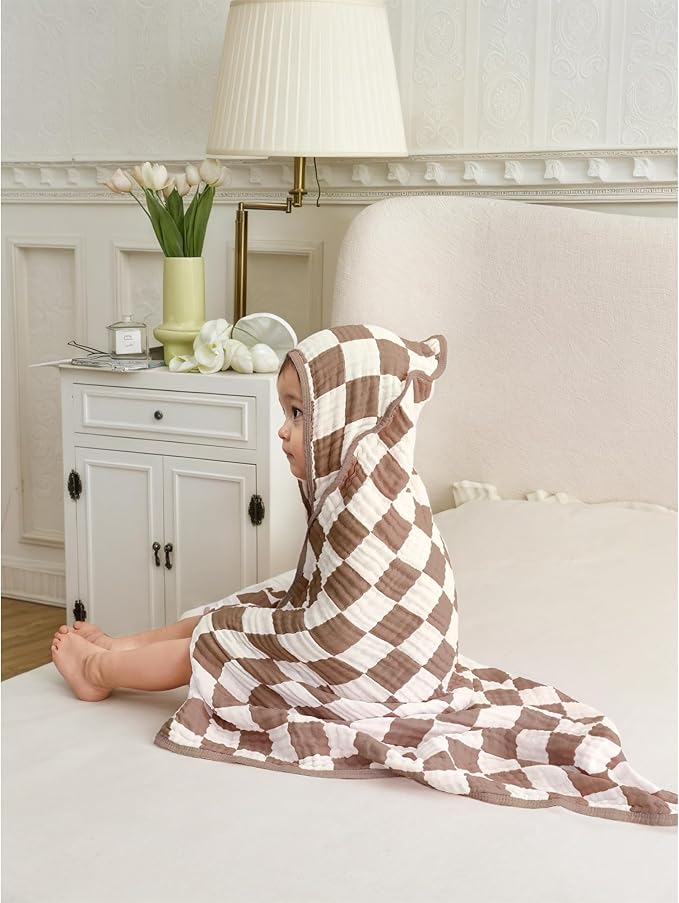 Ultra Soft Checkered Muslin Hooded Baby Towels for Newborn Boys and Girls 2 Pack 32x32 inch Cotton Muslin Baby Bath Towels for Newborns Toddlers,Newborn Essential (Blue and Coffee)
