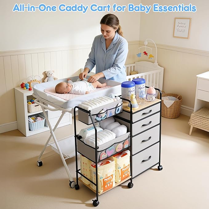 Fabuday Baby Diaper Caddy Organizer Cart - 4 Tier Rolling Diaper Cart with Wheels, Baby Essentials Organizers and Storage, Mobile Utility Carts for Bedside, Crib Nursery, Bedroom, Changing Table
