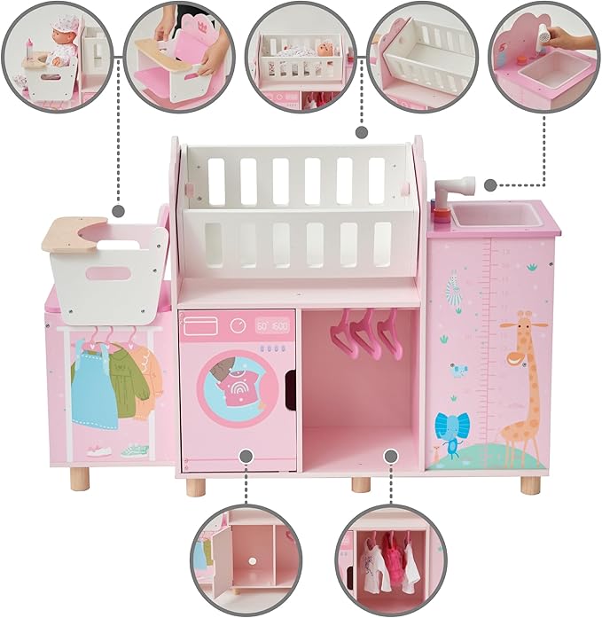 Olivia's Little World 6-in-1 Wooden Baby Doll Nursery Set – Crib, High Chair, Changing Table, Doll Furniture for 16” Dolls – Baby Doll Accessories Playset for Girls Ages 3+, Pink