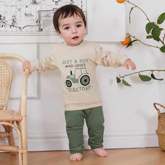Toddler Baby Boy Fall Winter Outfits Tractor Print Long Sleeve Sweatshirt Pants Set Kids Sweatsuit Clothes
