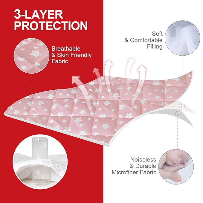 Pack and Play Sheets Fitted, Breathable Thick Playard Lovely Print Cover 39"×27"×5" Compatible with Graco Pack n Play, Pink Star