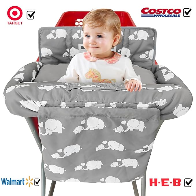 Love&go Soft Pillow Attached 2-in-1 Shopping Cart and High Chair Cover for Baby, Cotton Padded Cart Cover, Fold'n Roll Style, Portable with Carry Bag (Gray Elephant)