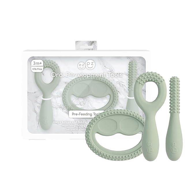 ezpz Oral Development Tools (3 Pack in Sage) - 3 Months+ - Non-Slip Loop, Smile and Stick 100% Silicone Tools - Prepare for Chewing + Solids - Baby-Led Weaning Supplies
