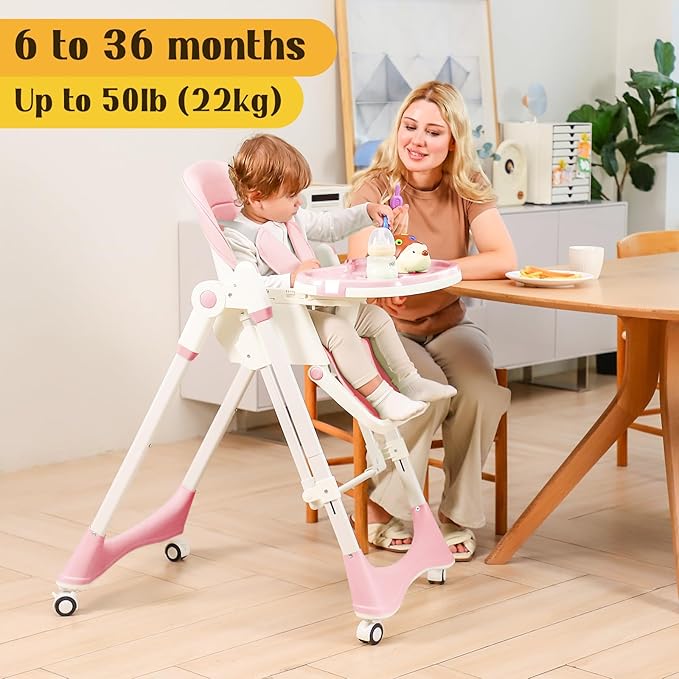 6-in-1 Convertible High Chair with Rocker | Baby High Chair for Newborn to Toddler (0-3 Years) | Adjustable, Foldable & Easy-Clean with Dishwasher Safe Tray & Tool-Free Assembly,Pink