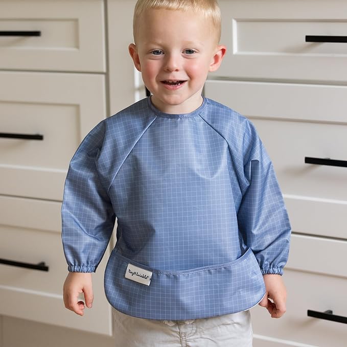 Tiny Twinkle Long Sleeve Bib for Babies & Toddlers | Waterproof Smock Bib for Eating | Machine Washable & Mess-Proof Feeding Essentials | Newborn Shower Gift (Grid, Small 6-24 Months)