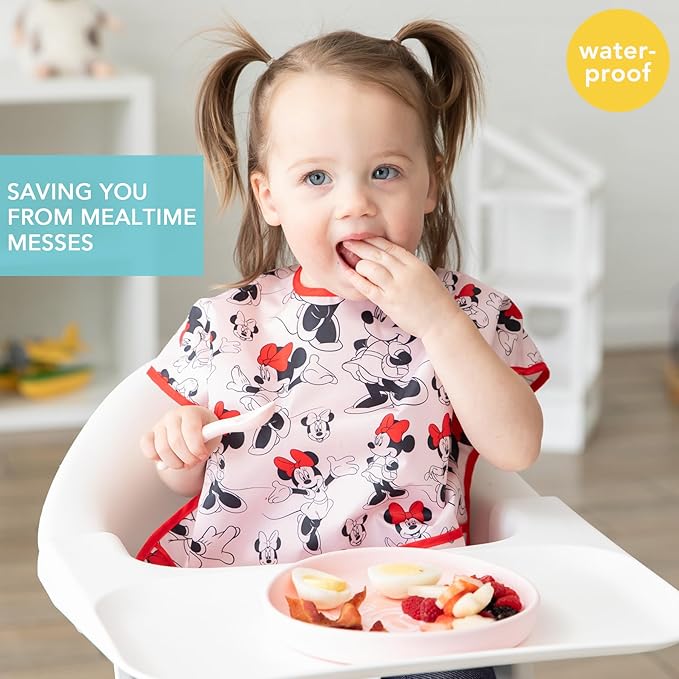 Bumkins Disney Short Sleeve Bib for Girl or Boy, Toddler and Kids for 1-3 Years, Large Size, Essential Must Have for Junior Children, Eating, Mess Saving Soft Fabric Apron for Play, Minnie Mouse