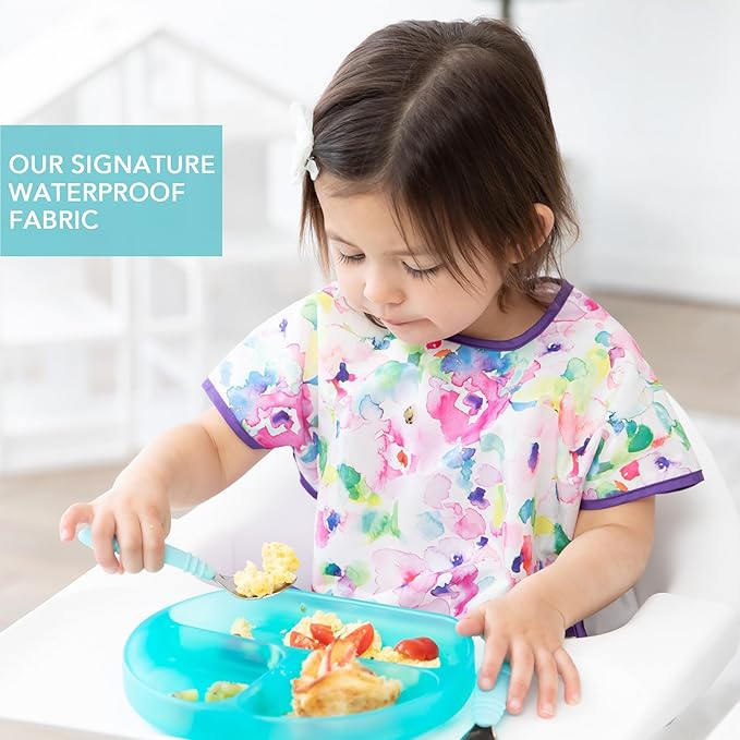 Bumkins Short Sleeve Bib for Girl or Boy, Toddler and Kids for 1-3 Years, Large Size, Essential Must Have for Junior Children, Eating, Mess Saving Soft Fabric Apron for Play, Watercolors Floral