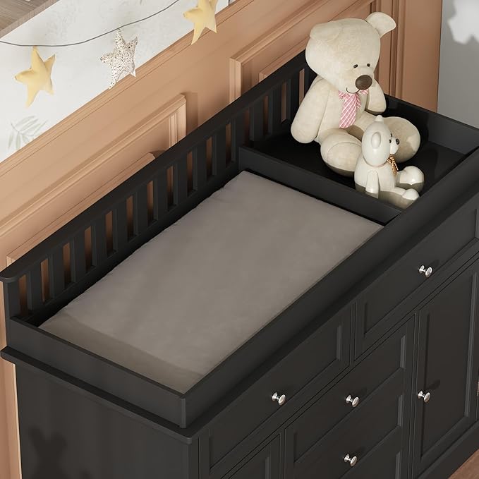 Nursery Dresser with Changing Table Top, 46" W Baby Dresser with 2 Drawers, Laundry Basket & Raised Guard, Infant Diaper Changing Storage Organize Station for Nursery and Baby Bedroom, Black