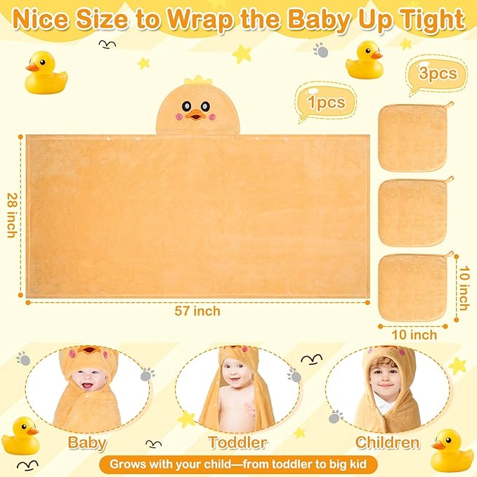 4 Pcs Toddler Bath Towel Set, 1 Pc Toddler Hooded Towel & 3 Pcs Baby Washcloths, Large 27.5"X55" Hooded Towels Kids, Absorbent Soft Thick Toddler Towels for Boy Girl 0-5 Year (Yellow Duck)
