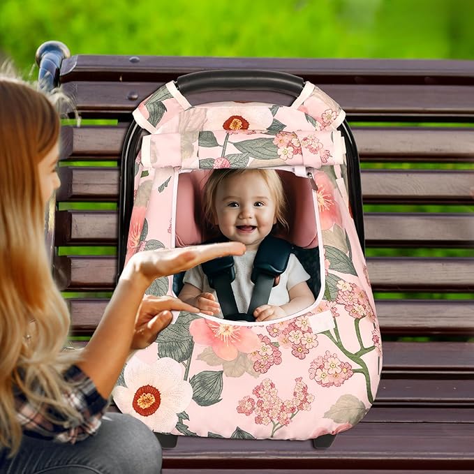 TANOFAR Car Seat Cover Baby, Winter Carseat Cover for Newborn, Infant Car Seat Cover with Windproof and Kick-Proof, Super Warm Plush Fleece Baby Carrier Cover for Infant Boys Girls (Floral)
