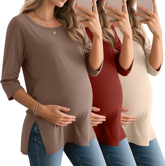 3 Pack Women's 3/4 Sleeve Maternity Shirts Elbow Length Clothes Round Neck Tunics Pregnancy Loose Side Split Tops