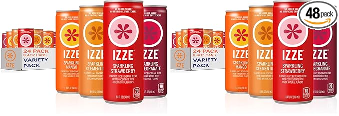 IZZE Sparkling Water Juice Beverage Blend, Dawn Variety Pack, Mango, Clementine, Strawberry, Pomegranate, No Sugar Added, 8.4 FL OZ, 24 Cans (Pack of 2)