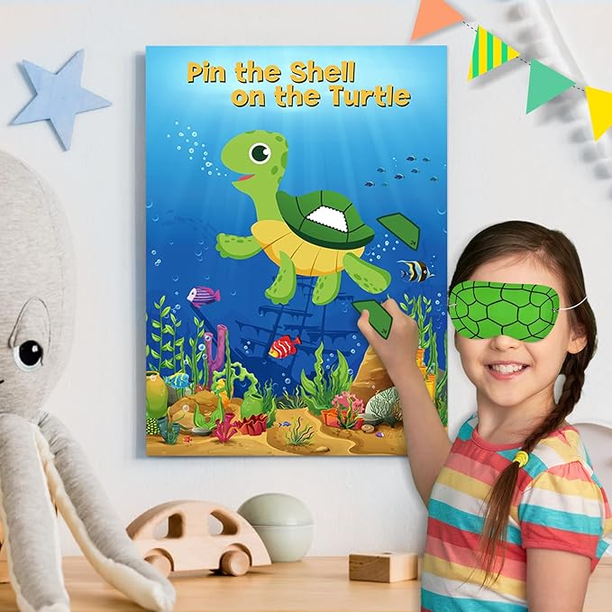NEBURORA 2 Pack Pin The Shell on The Turtle Party Game 2 Large 21"x 28" Posters with 48pcs Stickers Ocean-Themed Birthday Party Supplies Decorations for Kids Boys Classroom Game Wall Home Decor