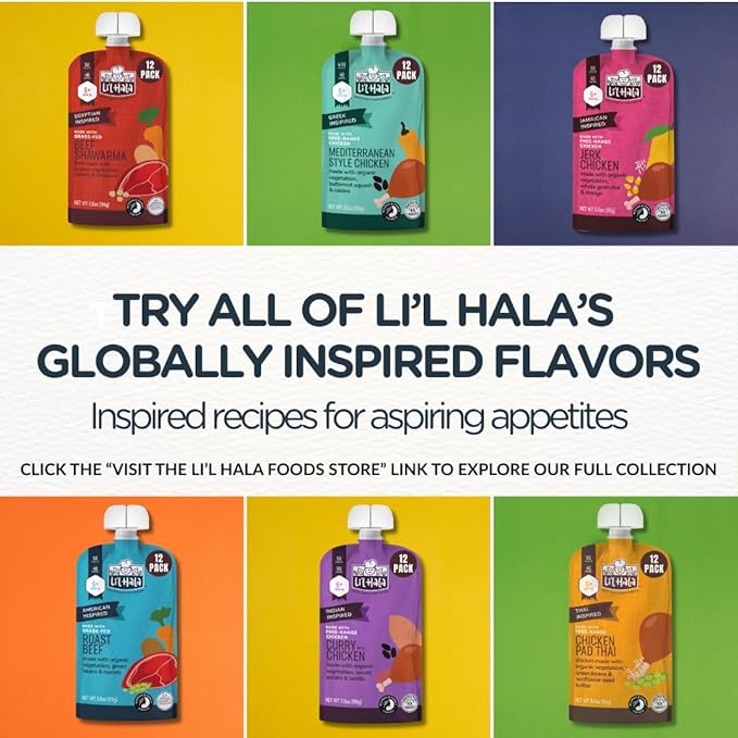 Li'l Hala Foods - Baby Meat Pouches - Toddler Meals with Meat – Protein & Healthy Fats Puree – No Hormones – 6+ Months – 3.5 oz (12 Pack) (Chicken Pad Tha)