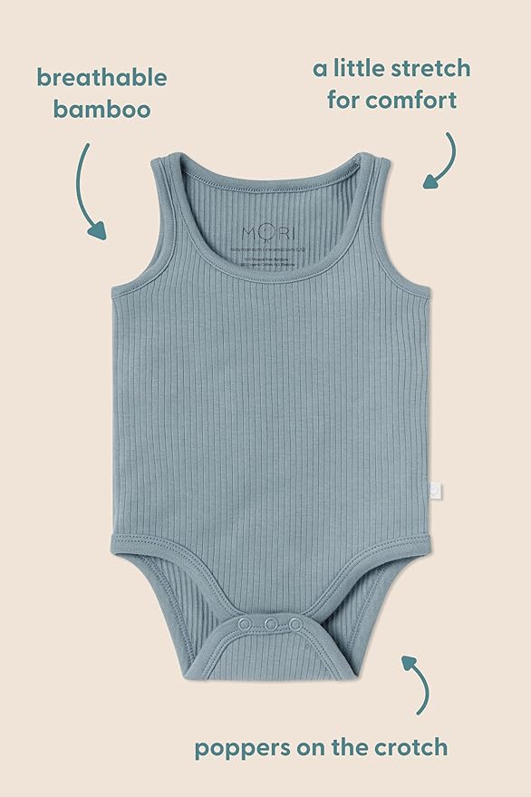 MORI Baby Premium Ribbed Sleeveless Bodysuit for Boys and Girls - Viscose from Bamboo - Unisex Top with Nickel Free Poppers