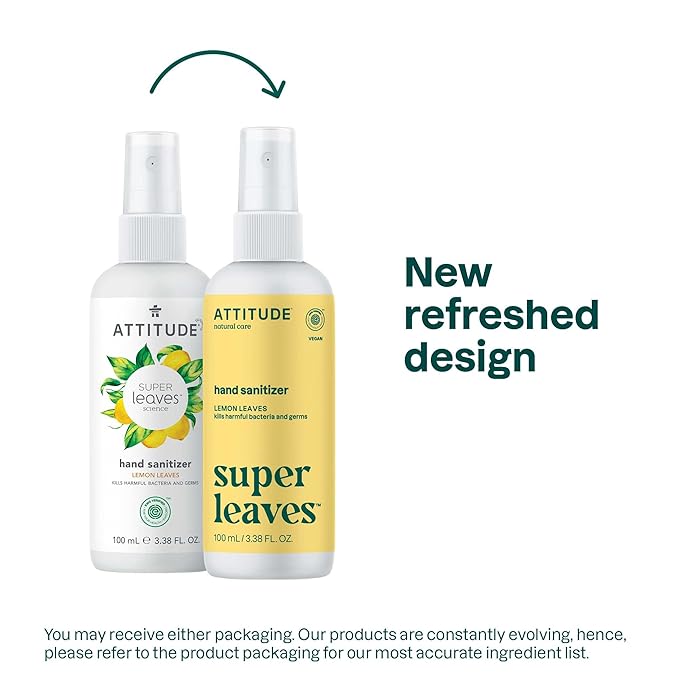 ATTITUDE Hand Sanitizer Spray, EWG Verified, Kills Germs & Bacteria, Vegan & Plant-Based, Safe for Adults & Kids, Lemon Leaves Scent, 3.38 Fl Oz (Spray Bottle)