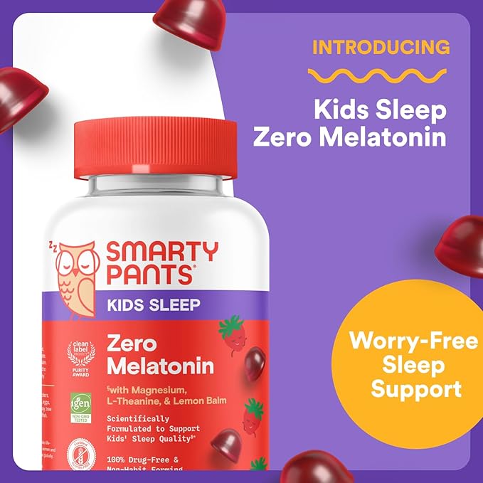 SmartyPants Kids Sleep Gummies Supplement Zero Melatonin: L Theanine, Lemon Balm & Magnesium, Sleep Aid, Strawberry Flavor, 60 Count