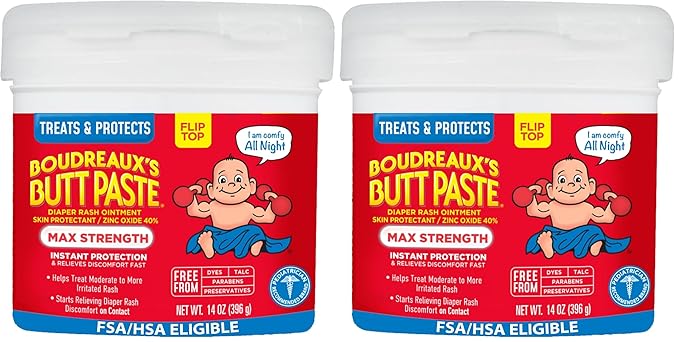 Boudreaux's Butt Paste Maximum Strength Diaper Rash Cream,Ointment for Baby,14 oz Flip-Top Jar,(Pack of 2)