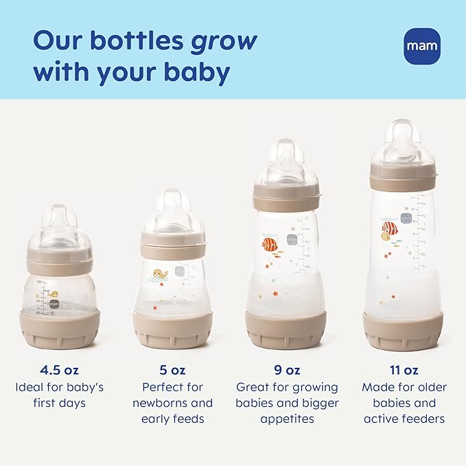 MAM 9oz Easy Start Anti-Colic Baby Bottles, Medium Flow with 2 Bonus Nipples Set (Fast & Extra Fast Flow), Reduces Colic, Gas, & Reflux, Easy-to-Clean, BPA-Free, 2+ Months, Made in Europe Pack of 6