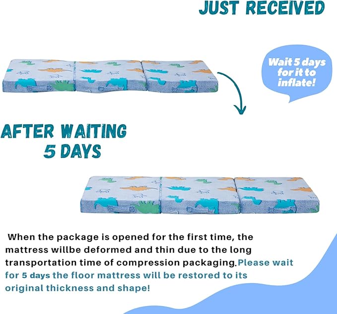 MeMoreCool Foldable Floor Mattress for Kids, Glow Dinosaur Trifold Mat, Kids Folding Mattress Portable Futon, 57x22 Inch Blue