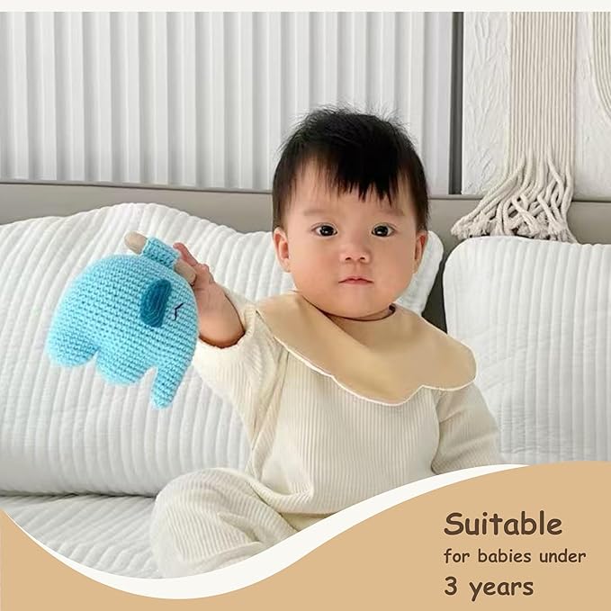 DICHA Handmade Crochet Wooden Baby Rattle - Birthday & Baby Shower Sensory Toy for Newborn Boy/Girl - Includes Wood Beech Teething Ring Elephant