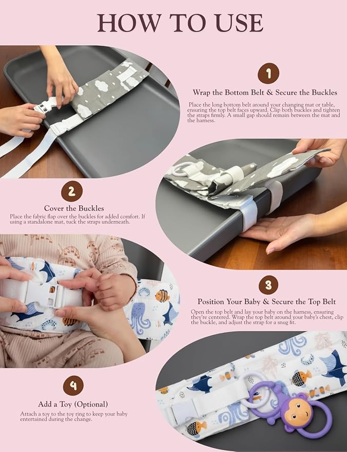 Baby Changing Pad Strap - Cotton Soft Skin-Friendly, Adjustable & Secure Anti-Slip Belt for Infants 0-24 Months, Universal Fit for Changing Pads & Tables, Easy-Clean & Portable (Blue)