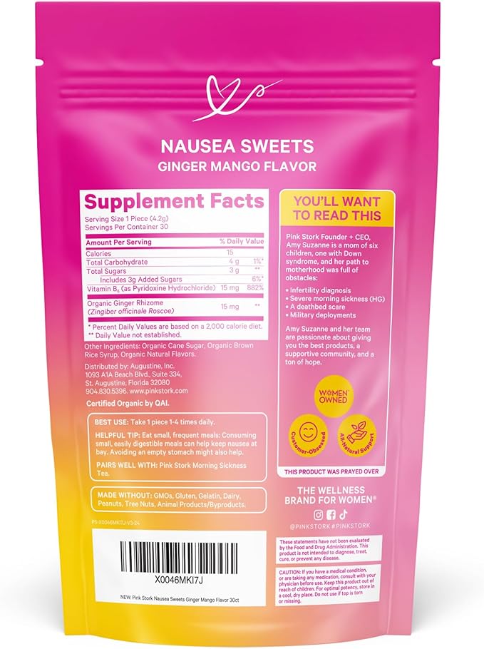 Pink Stork Organic Mango Sweets with Vitamin B6 for Morning Sickness and Motion Sickness, Added Ginger & Vitamin B6, 1st Trimester Pregnancy Must Haves - 30 Wrapped Candies
