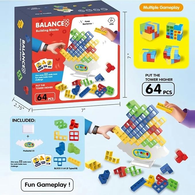 64 Pcs Stacking Tower Game with 22 Cards, Giant Tumble Balance Game for Kids, Family Games for Kids and Adults, Ideal Gifts for Teen Boys & Girls, Party Board Game for Kids 6-12 & Adults