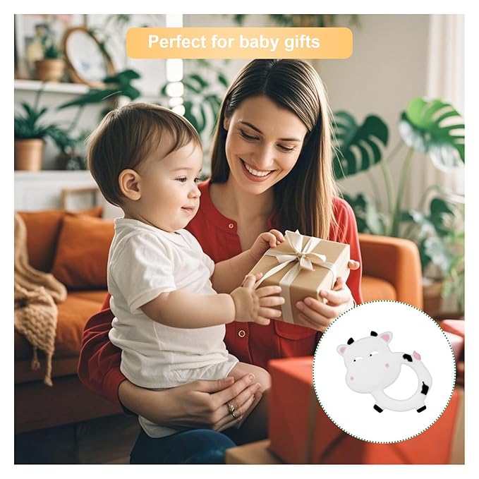 Silicone Baby Teether Ring for 3–12 Months, BPA-Free Soft Teething Toy, Easy-Grip Cow Infant Teether for Boys and Girls (White)