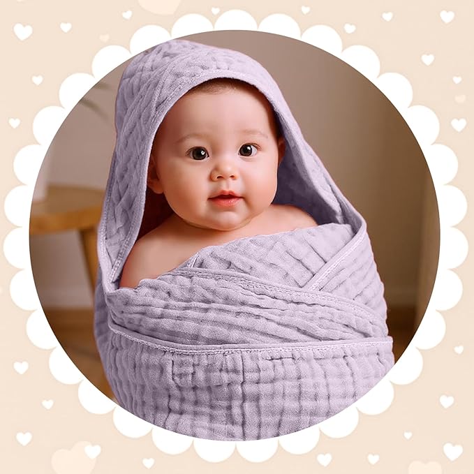 Peryiter 6 Pcs Muslin Hooded Baby Towels 32x32inch Cotton Newborn Bath Essentials Muslin Infant Blankets Absorbent Registry Baby Shower Present for Babies Girl Boy Kids (Purple Series)